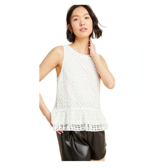 Maeve Anthropologie Monika Beaded Eyelet Sleeveless Peplum Blouse White Sz Med - Picture 1 of 13